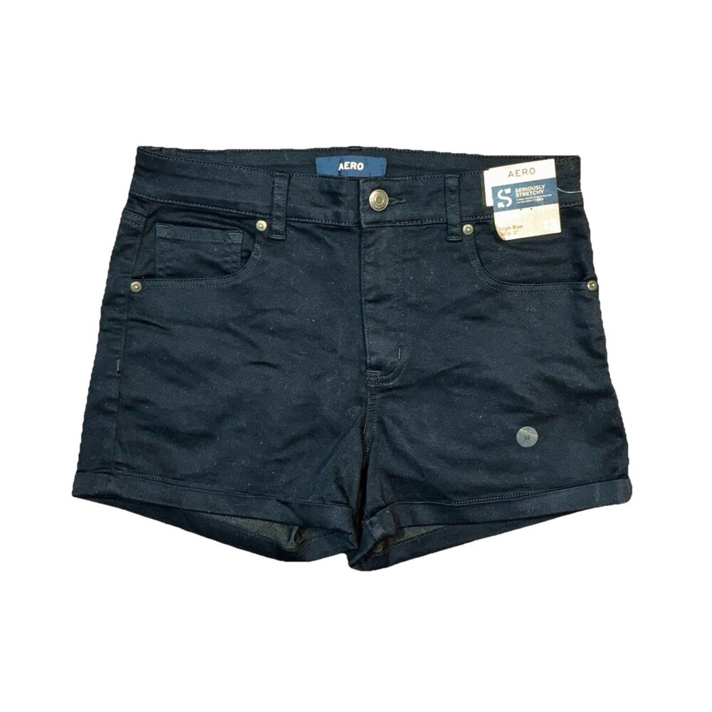Aeropostale Womens 12 Black Seriously Stretchy High-Rise Midi Denim Shorts NWT